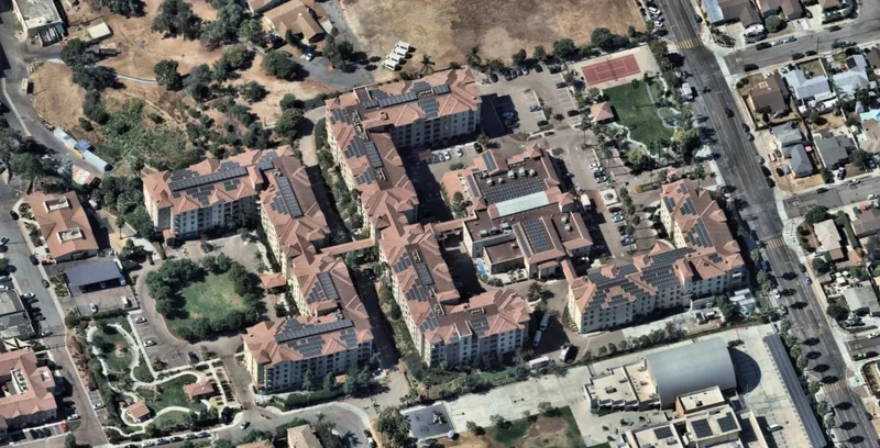 600kW rooftop solar with elevated racking at a National City senior living campus, installed by Keen Energy